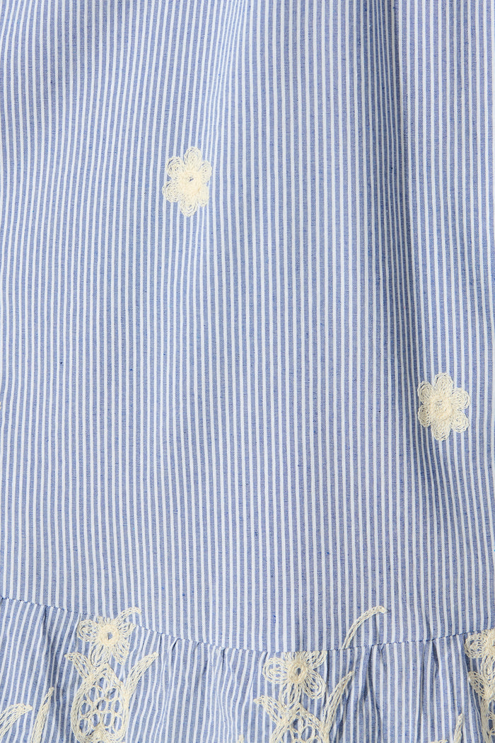 Dorah Midi Sundress in Blue Stripe with Floral Embroidery Cotton fabric