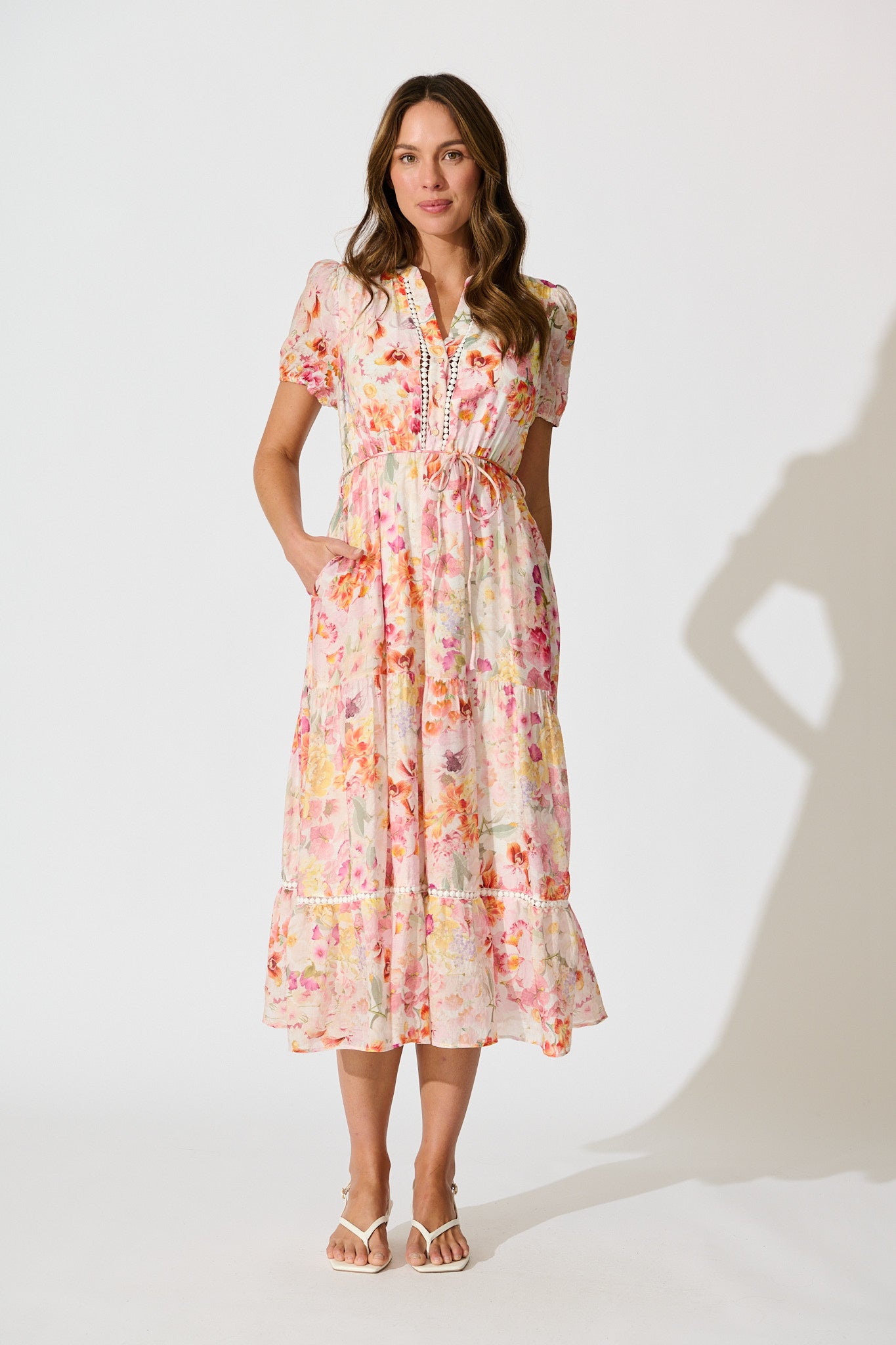 Cosima Midi Dress in Pink with Multi Watercolour Floral
