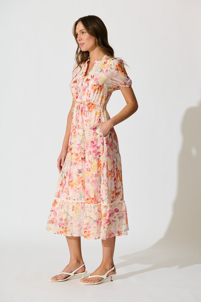 Cosima Midi Dress in Pink with Multi Watercolour Floral side