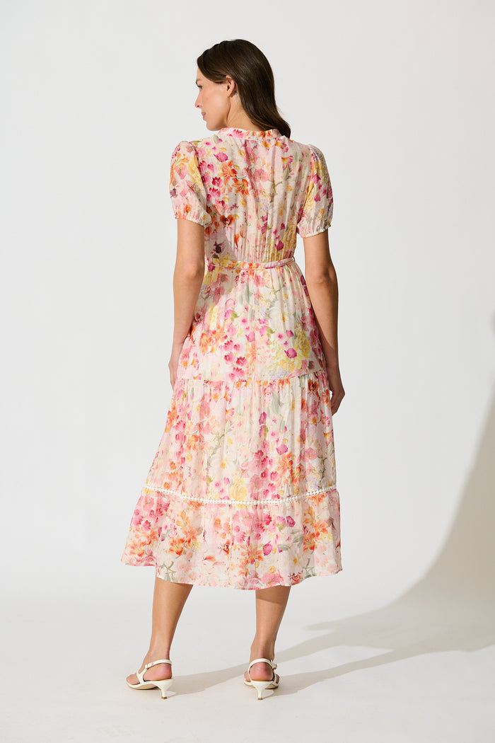 Cosima Midi Dress in Pink with Multi Watercolour Floral back