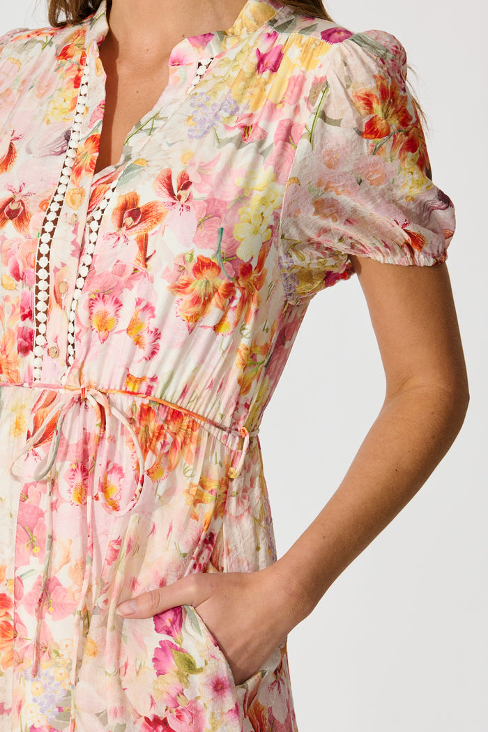 Cosima Midi Dress in Pink with Multi Watercolour Floral detail