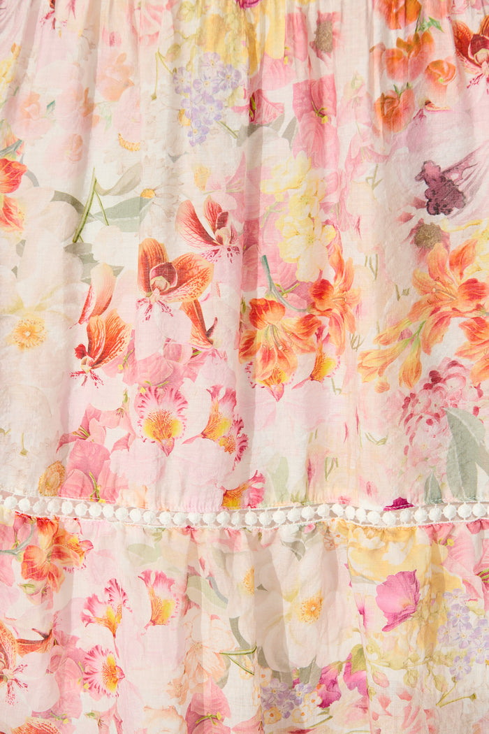 Cosima Midi Dress in Pink with Multi Watercolour Floral fabric