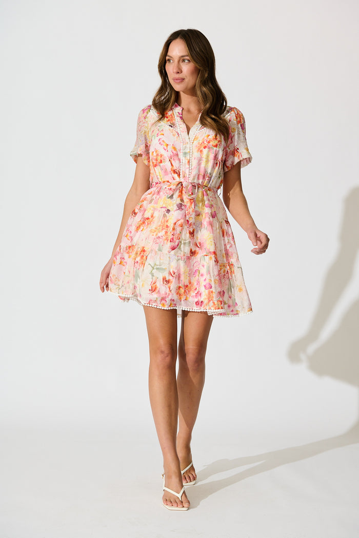 Elma Dress in Pink with Multi Watercolour Floral full length