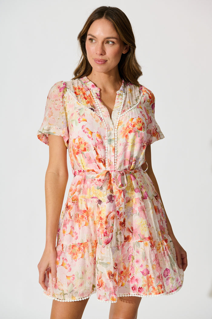 Elma Dress in Pink with Multi Watercolour Floral front