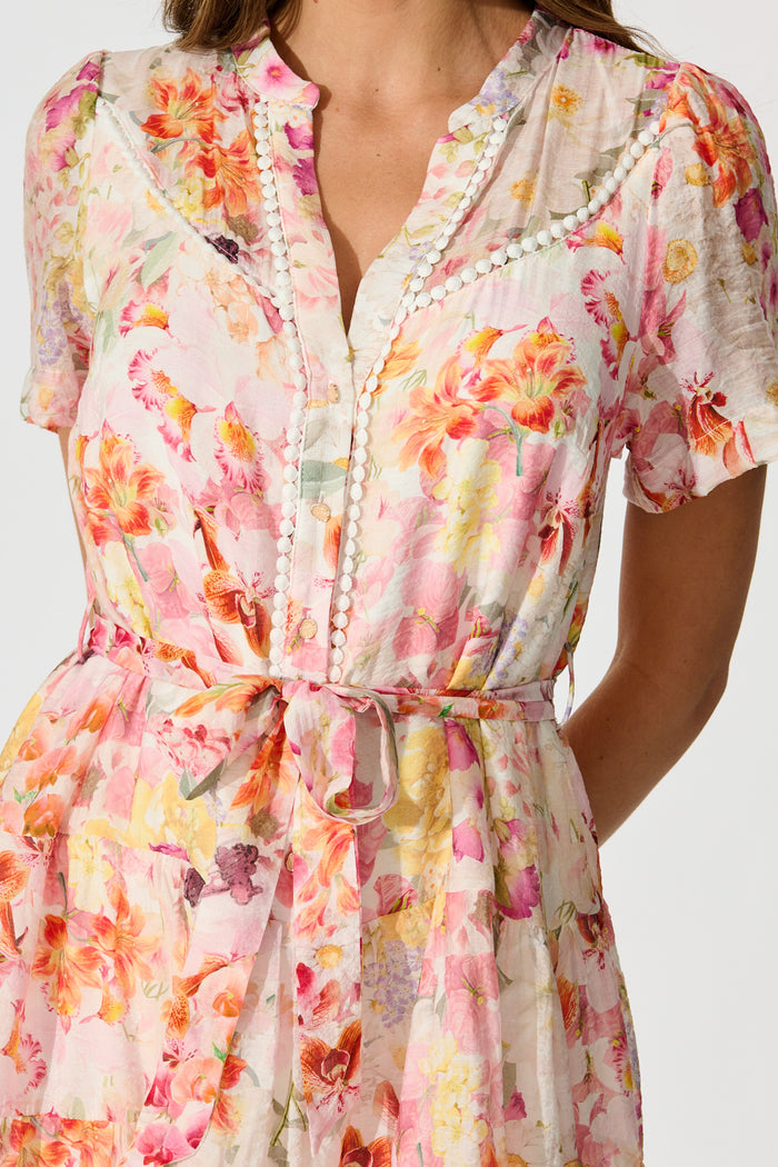 Elma Dress in Pink with Multi Watercolour Floral detail