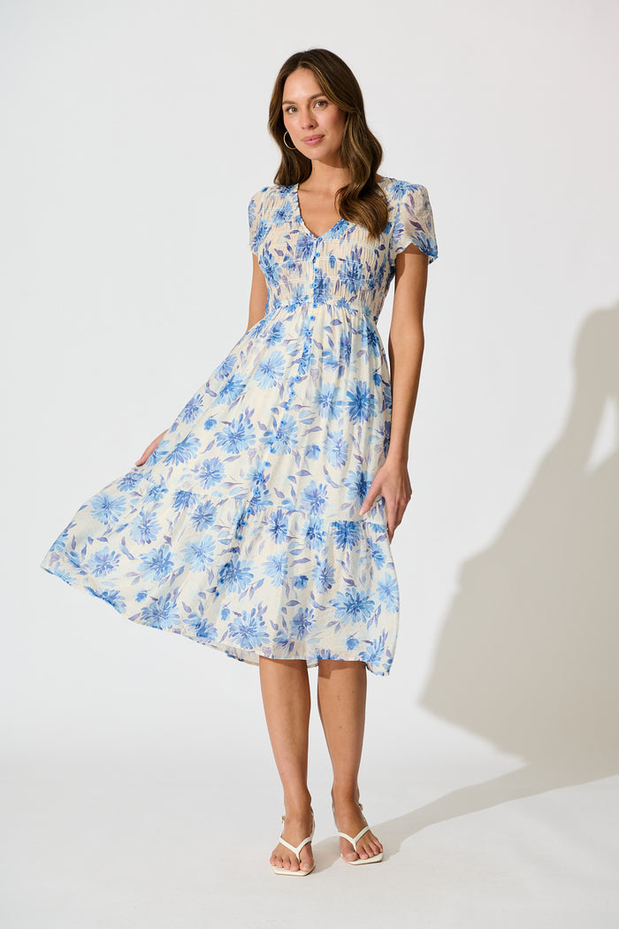 cream and blue floral dress Zennith Midi Dress in Cream with Blue Floral