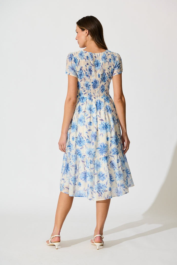Zennith Midi Dress in Cream with Blue Floral back