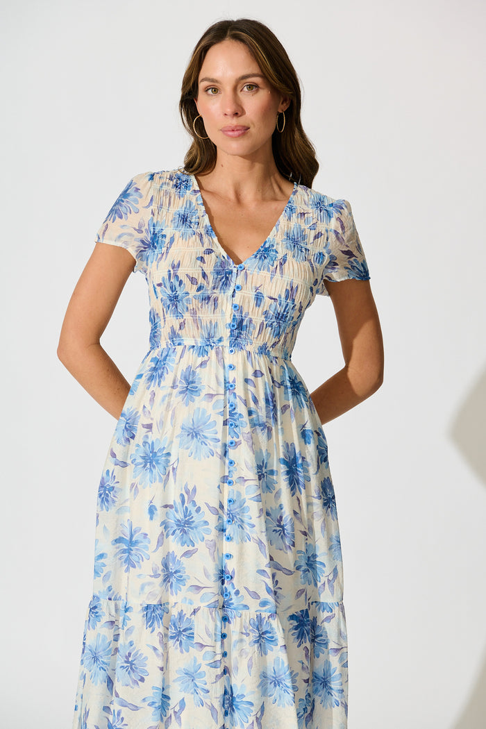 Zennith Midi Dress in Cream with Blue Floral front