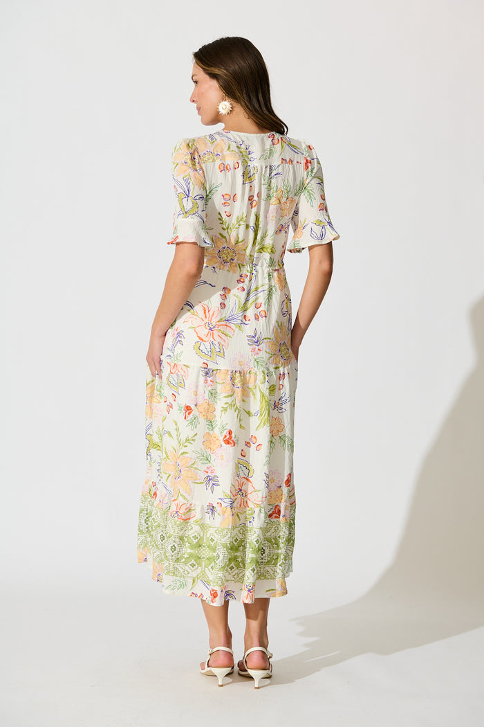 Valora Midi Dress in White with Multi Floral Print back
