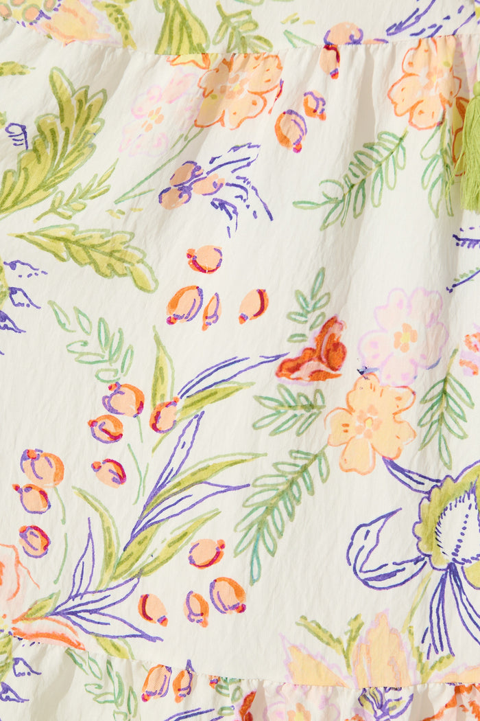 Valora Midi Dress in White with Multi Floral Print fabric