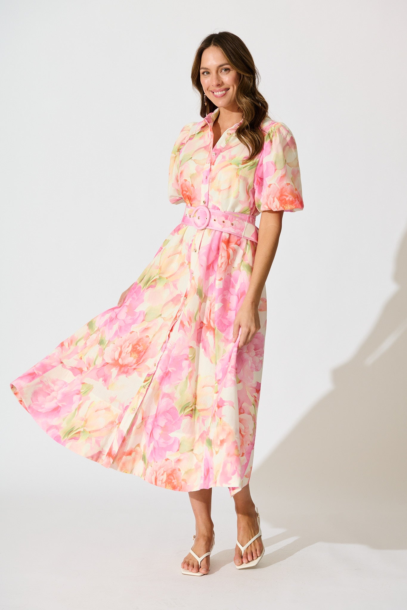 Sunset Bouquet Maxi Shirt Dress in Pink Multi Floral Linen Blend full length