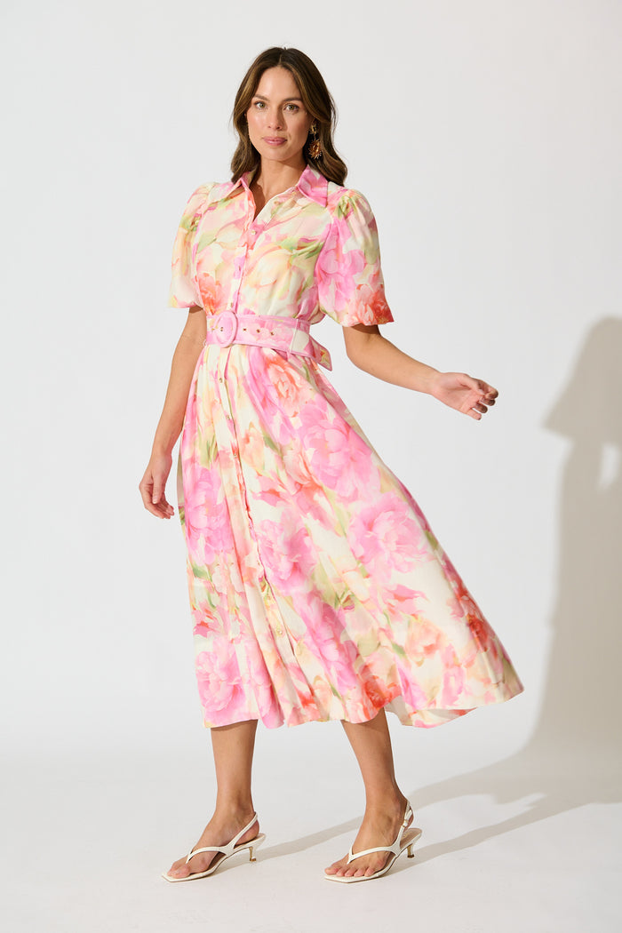 Sunset Bouquet Maxi Shirt Dress in Pink Multi Floral Linen Blend side