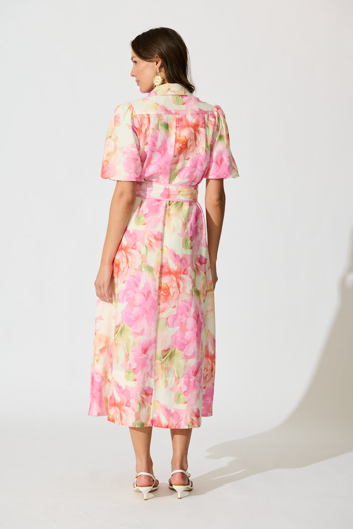 Sunset Bouquet Maxi Shirt Dress in Pink Multi Floral Linen Blend back