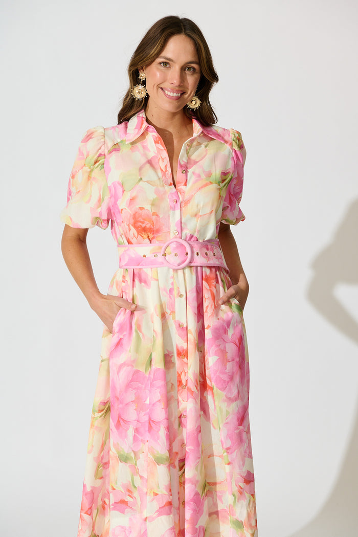 Sunset Bouquet Maxi Shirt Dress in Pink Multi Floral Linen Blend front