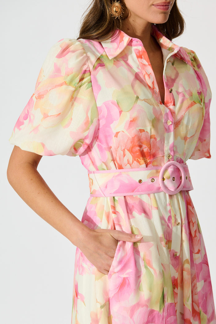 Sunset Bouquet Maxi Shirt Dress in Pink Multi Floral Linen Blend detail