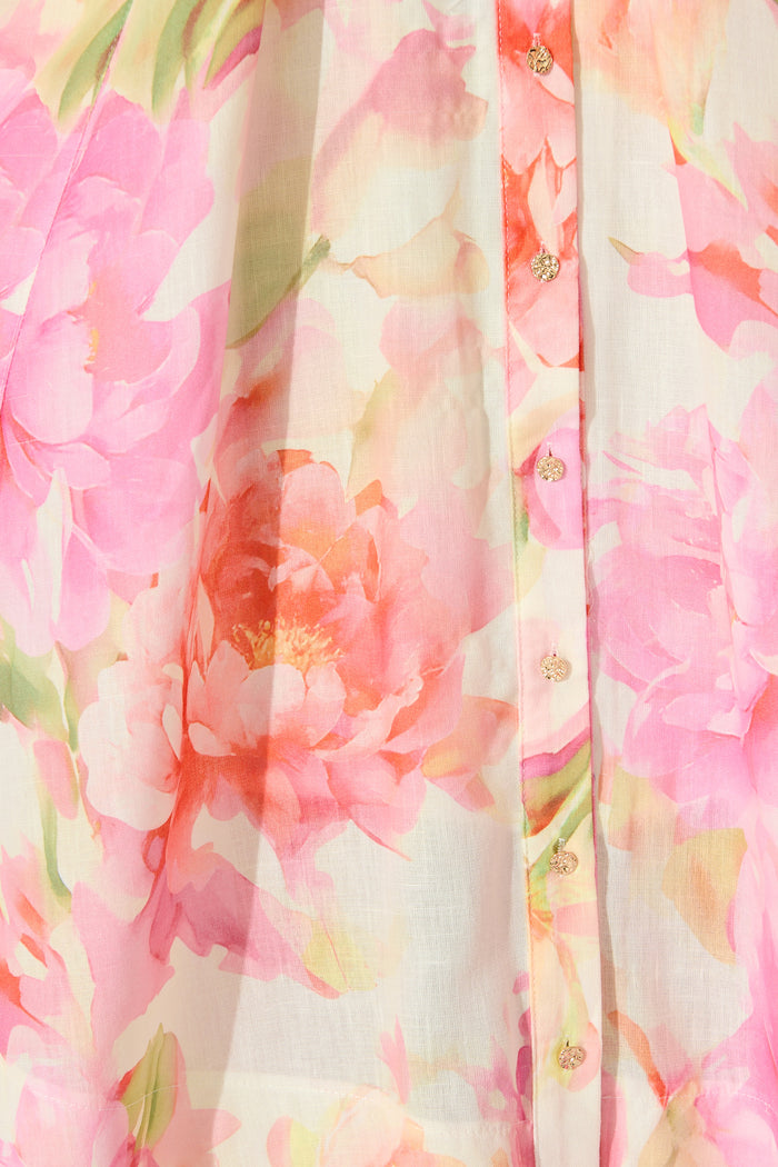 Sunset Bouquet Maxi Shirt Dress in Pink Multi Floral Linen Blend fabric