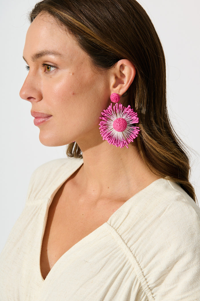 Havana Raffia Drop Earrings in Pink on model side