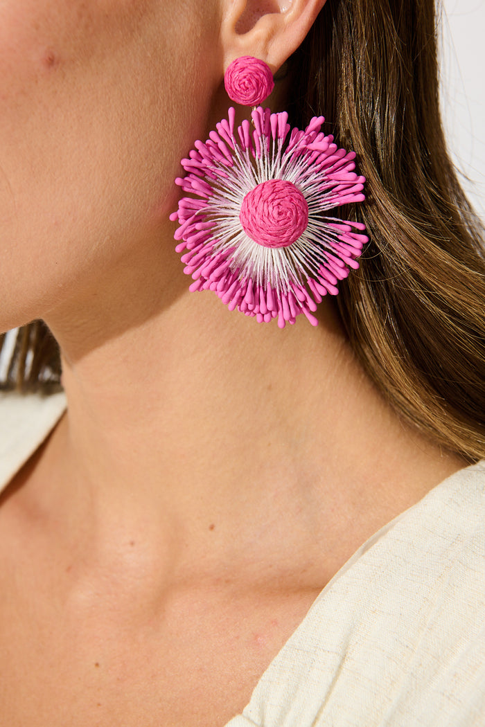 Havana Raffia Drop Earrings in Pink on model closeup
