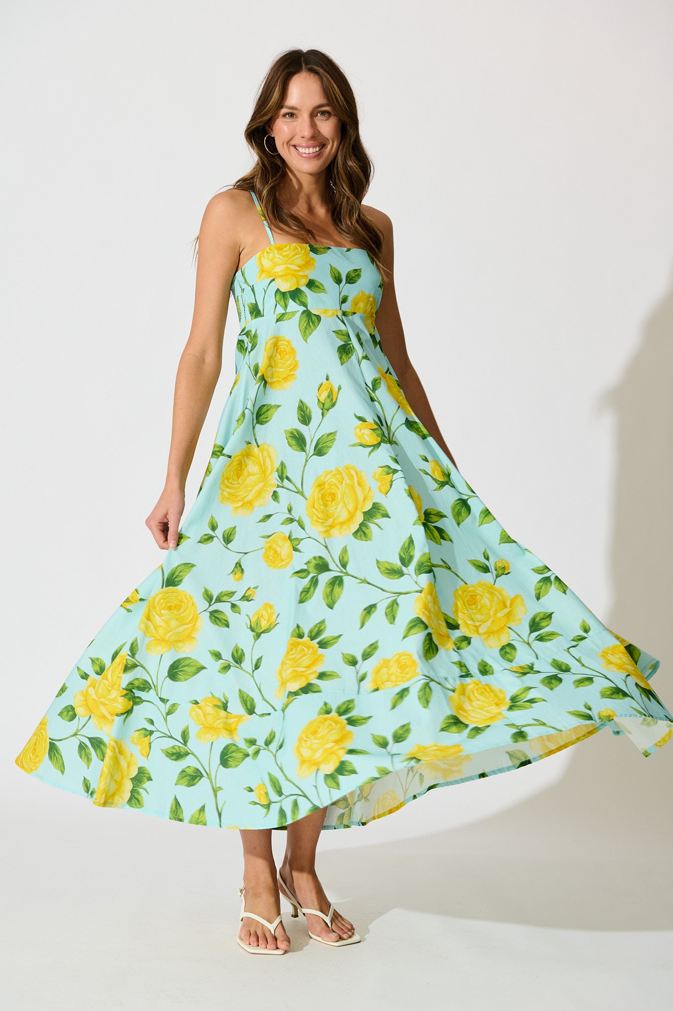 Ruthie Maxi Sundress in Blue with Lemon Yellow Floral Cotton full length