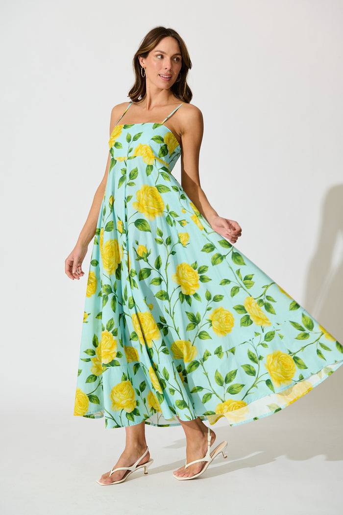 Ruthie Maxi Sundress in Blue with Lemon Yellow Floral Cotton side