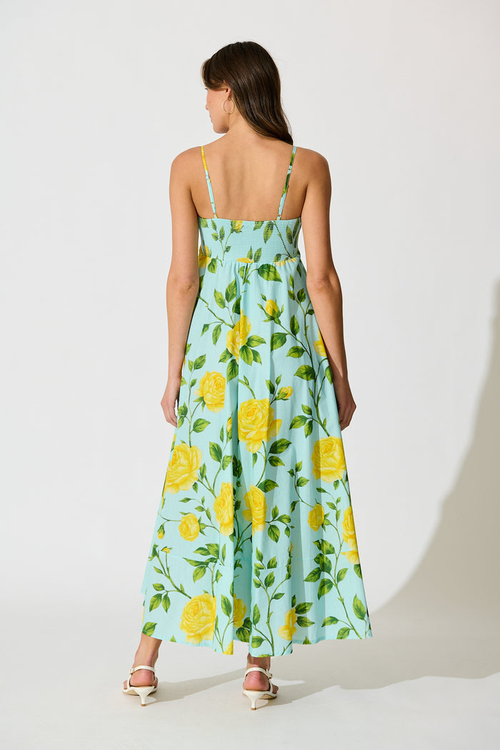 Ruthie Maxi Sundress in Blue with Lemon Yellow Floral Cotton back