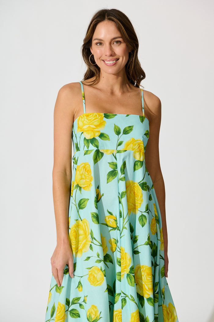 Ruthie Maxi Sundress in Blue with Lemon Yellow Floral Cotton front