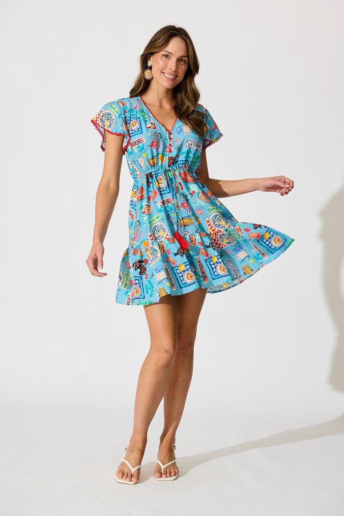 Tenaya Dress in Blue Multi Conversational Print full length