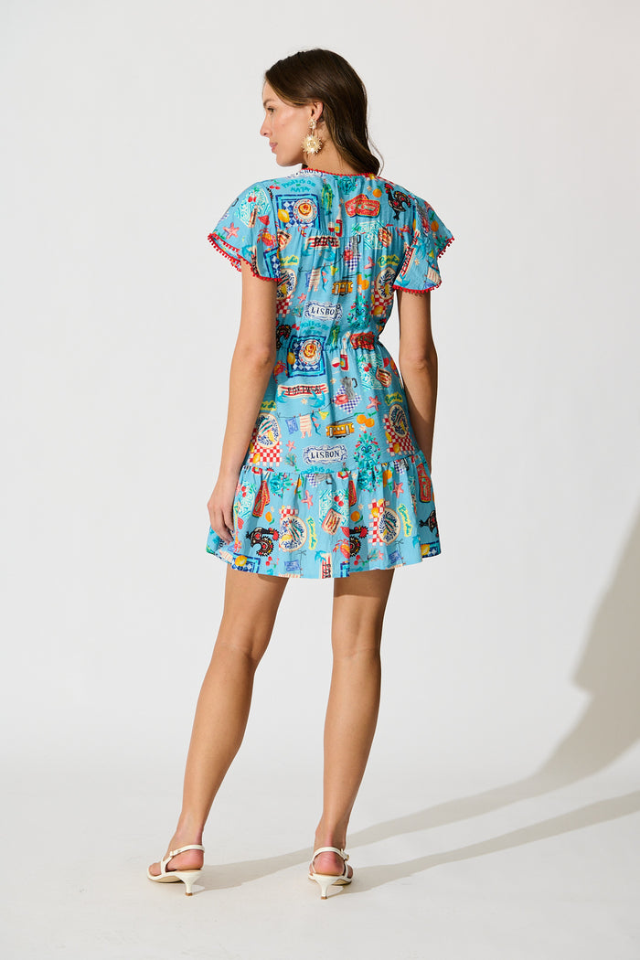 Tenaya Dress in Blue Multi Conversational Print back