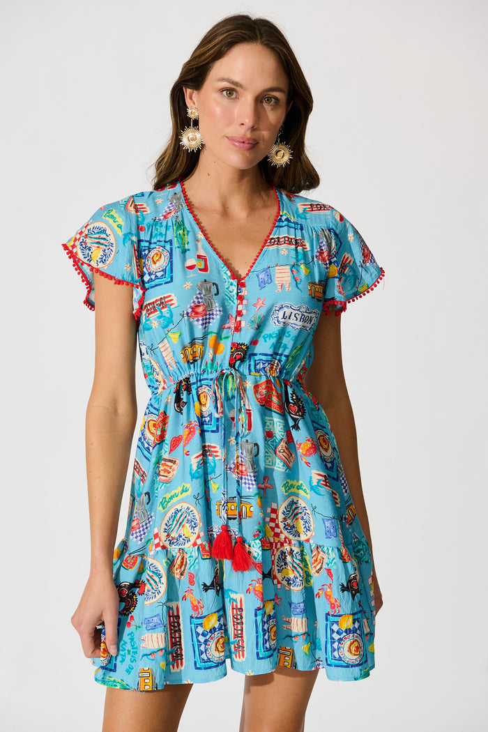 Tenaya Dress in Blue Multi Conversational Print front