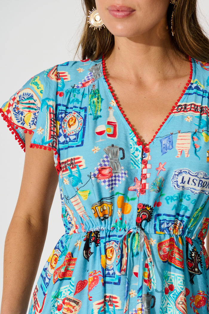 Tenaya Dress in Blue Multi Conversational Print detail