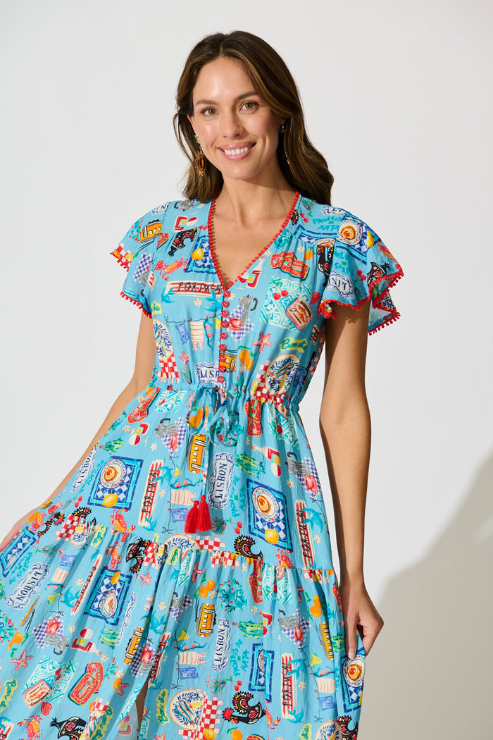 Alice Maxi Dress in Blue Multi Conversational Print front