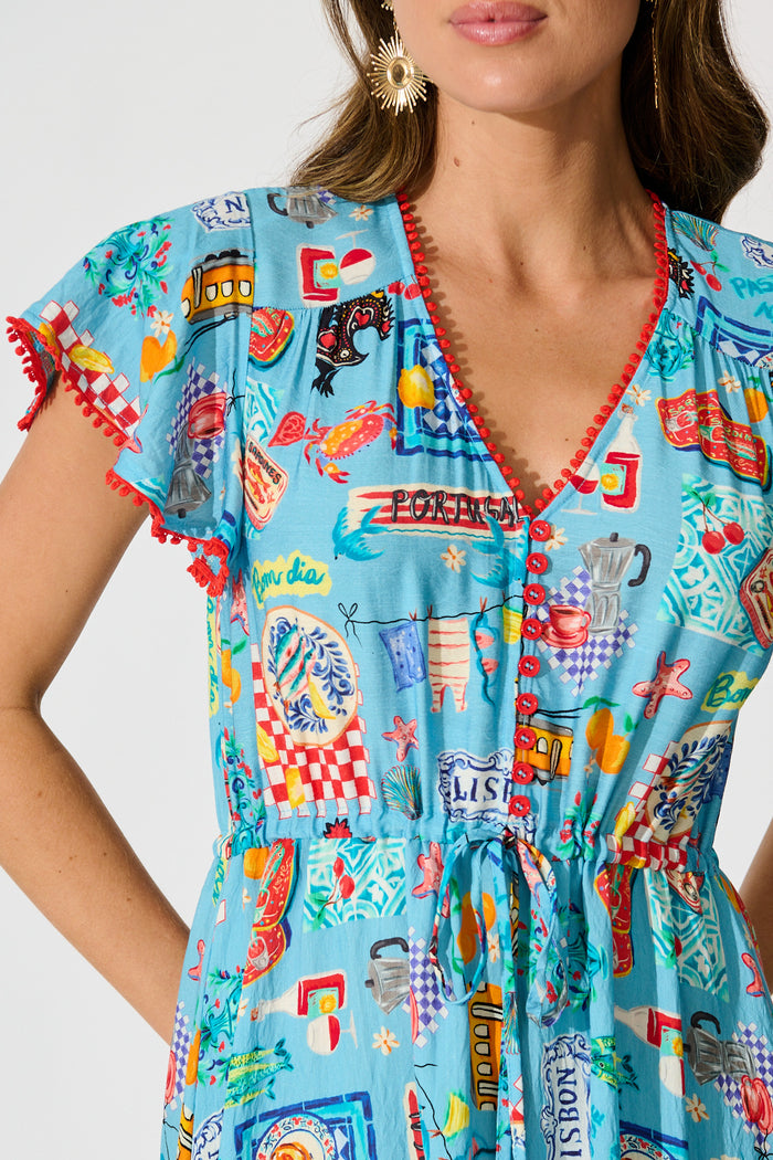 Alice Maxi Dress in Blue Multi Conversational Print detail