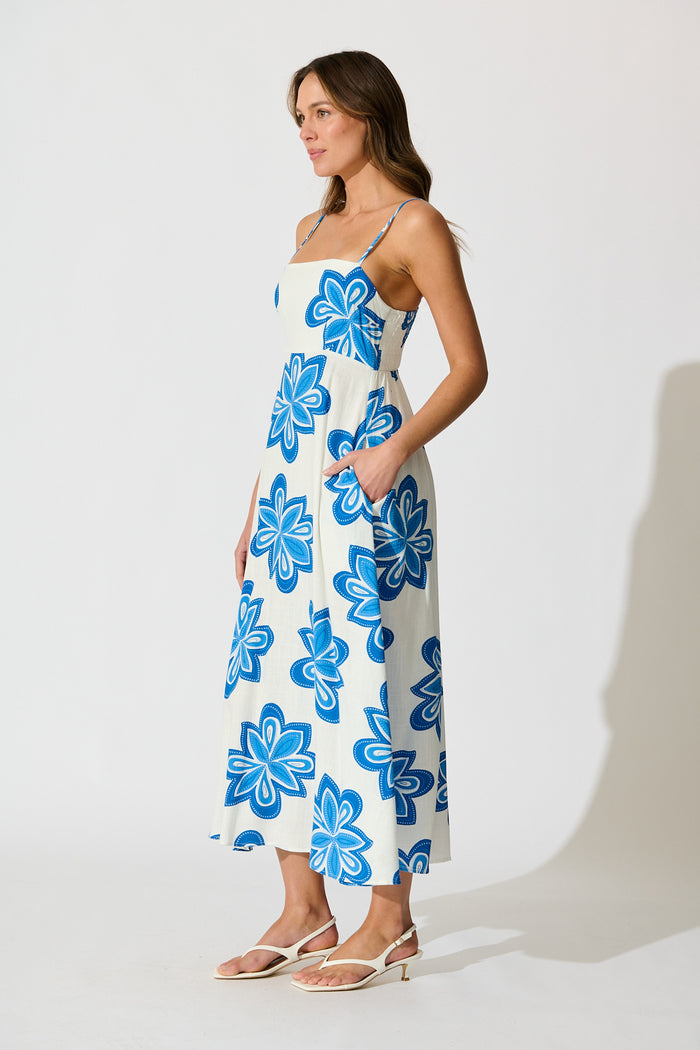 Waverly Maxi Sundress in White with Blue Flower Linen Blend side