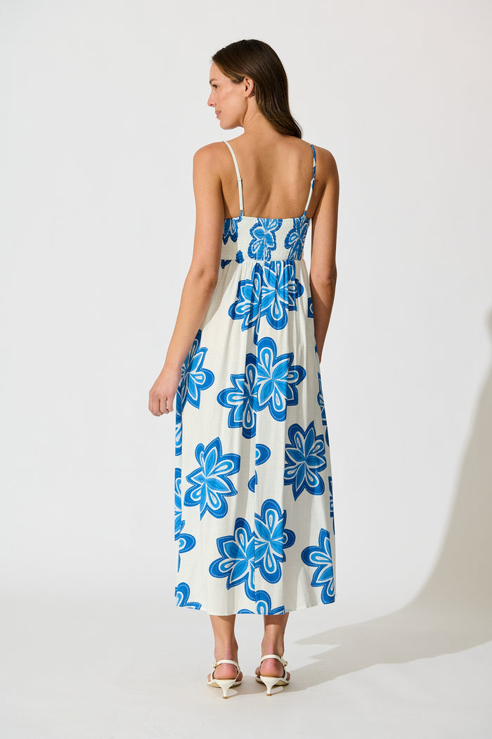 Waverly Maxi Sundress – White Blue Flower Linen Blend