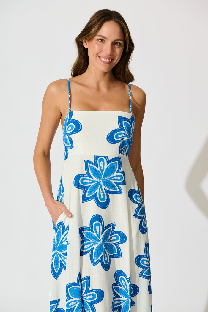Waverly Maxi Sundress in White with Blue Flower Linen Blend front