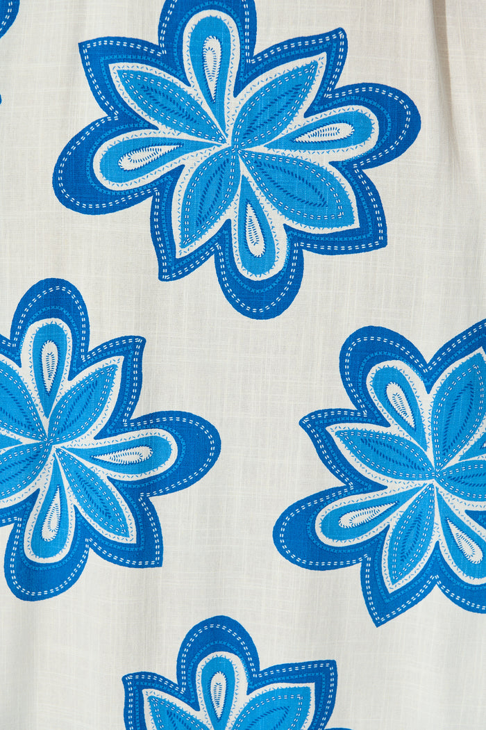 Waverly Maxi Sundress in White with Blue Flower Linen Blend fabric
