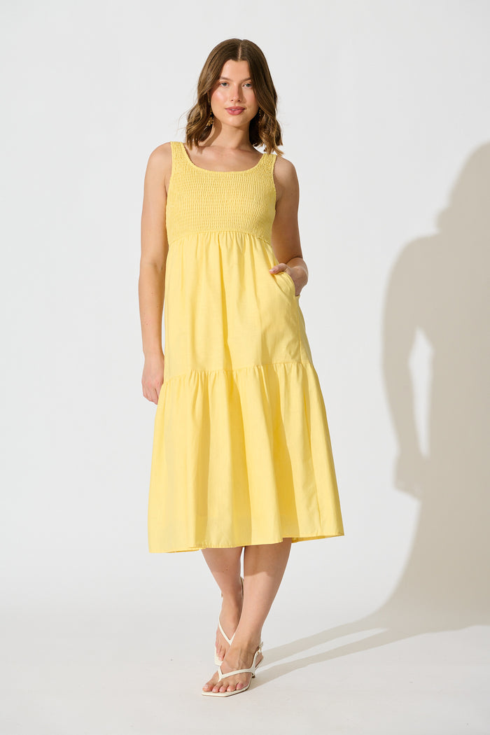 Caribbean Midi Dress In Butter Yellow Cotton Linen full length