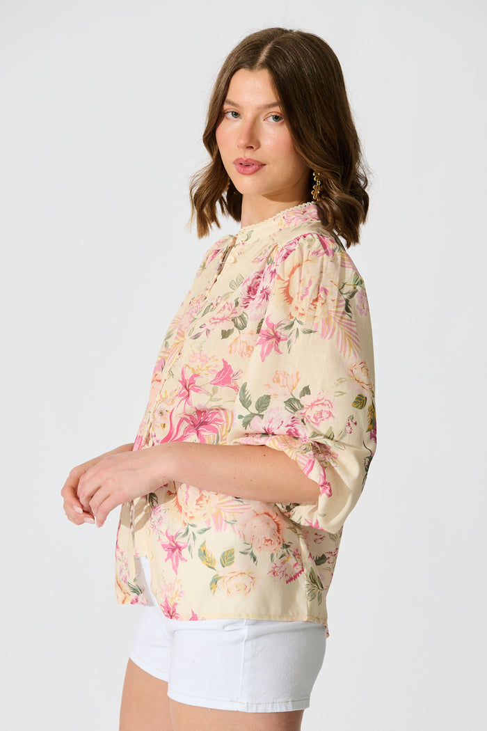 Marigold Muse Top In Butter Yellow Pink Floral Linen Blend side
