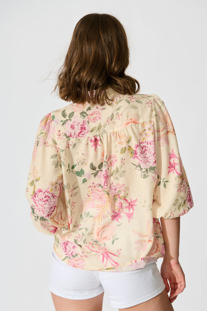 Marigold Muse Top In Butter Yellow Pink Floral Linen Blend back