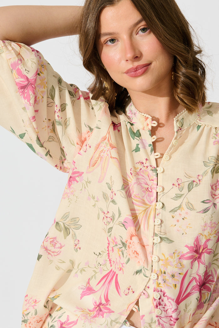 Marigold Muse Top In Butter Yellow Pink Floral Linen Blend detail