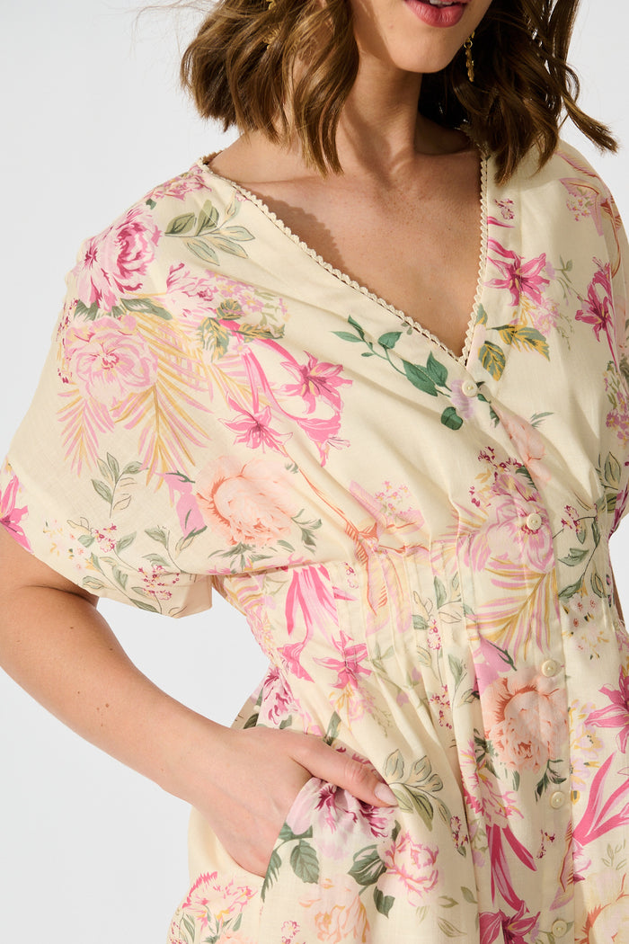 Fleur Haven Dress In Butter Yellow Pink Floral Linen Blend detail