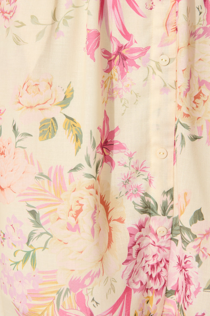 Fleur Haven Dress In Butter Yellow Pink Floral Linen Blend fabric