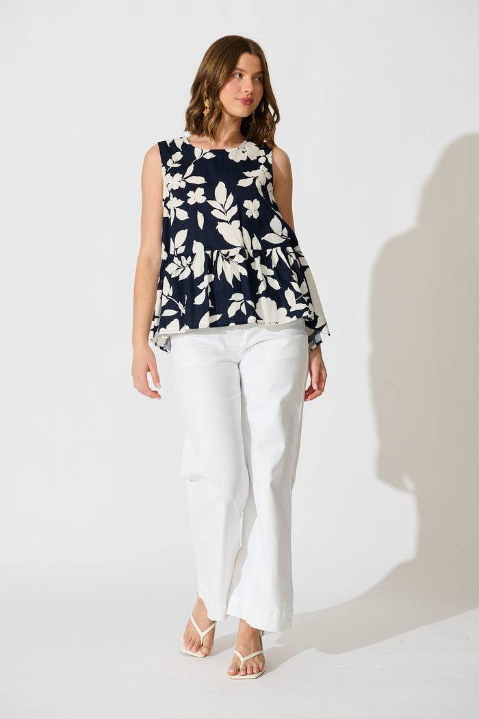 Blooming Top in Navy Floral Cotton Poplin full length