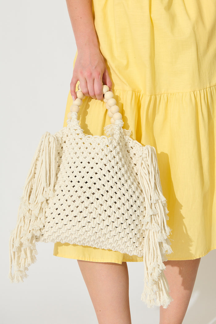 Tonia Macrame Crochet Tote Bag in White on model side