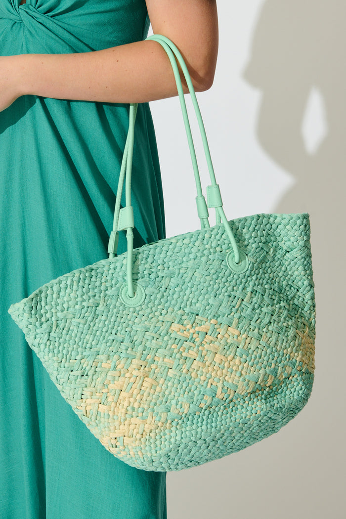 Sorrento Tote Bag in Aqua and Beige Raffia on model front