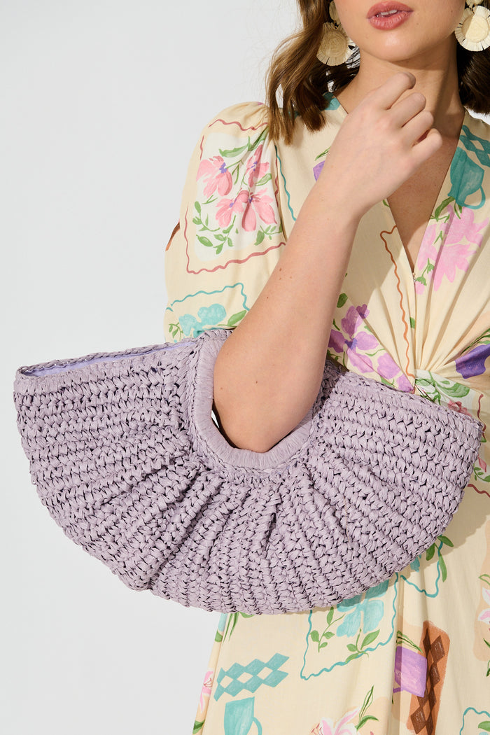Moana Raffia Bag In Lilac campaign on model close up