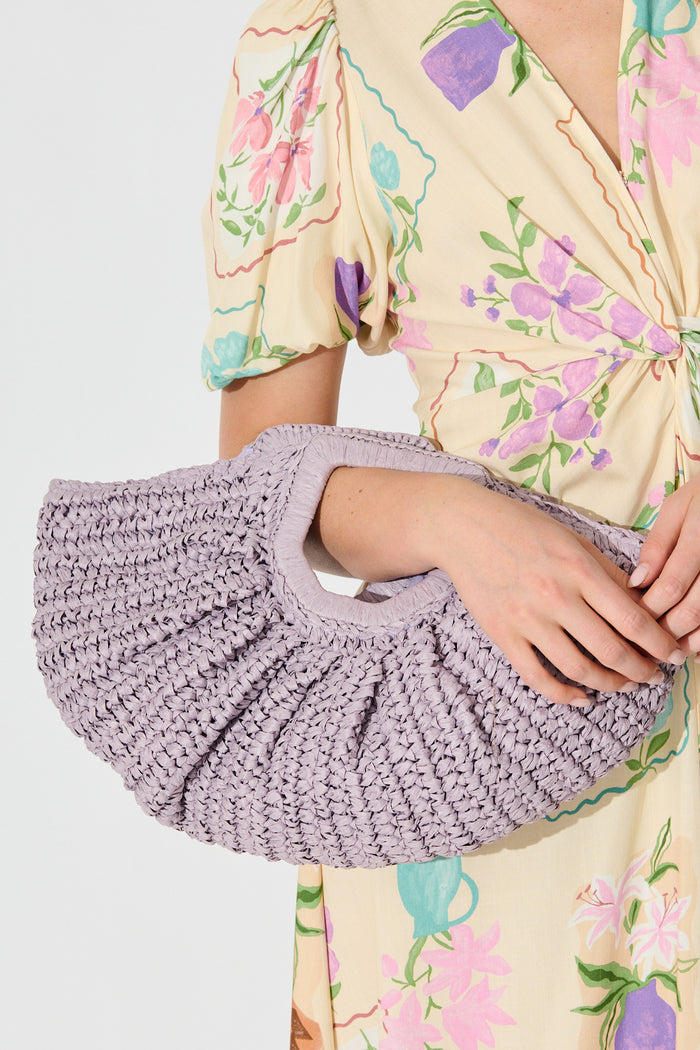 Moana Raffia Bag In Lilac campaign on model close up