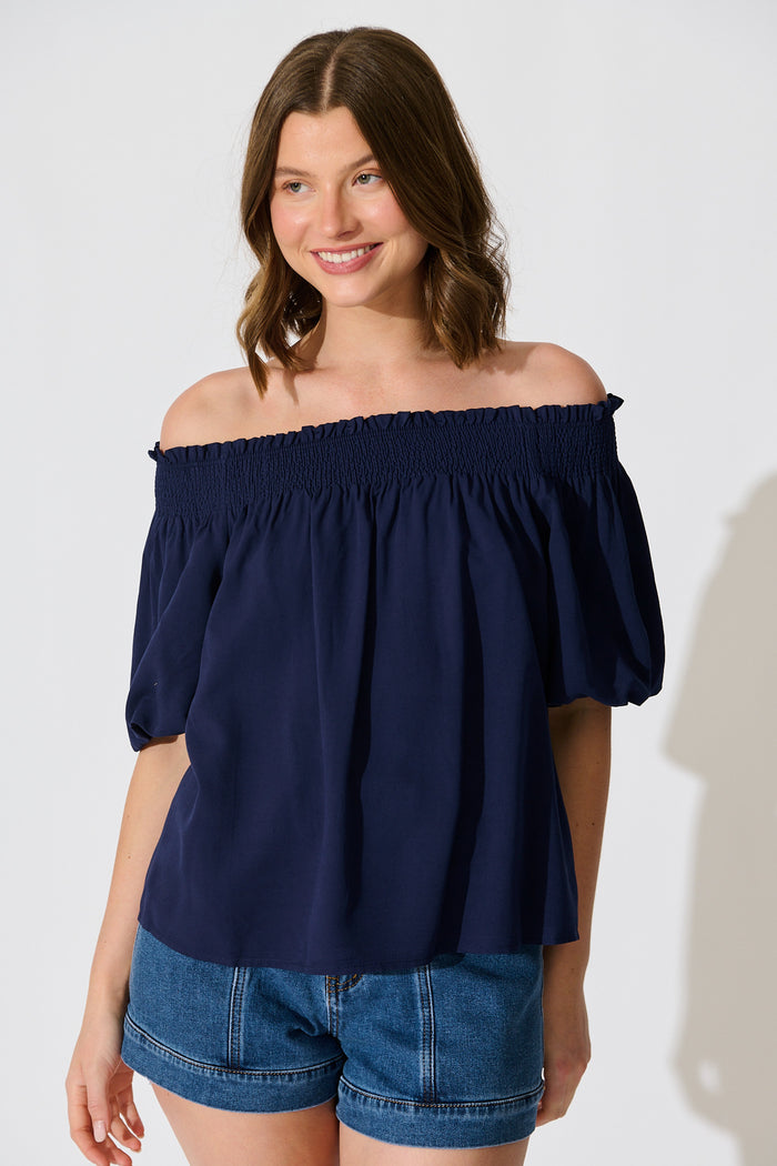 Marina Off Shoulder Top in Navy front