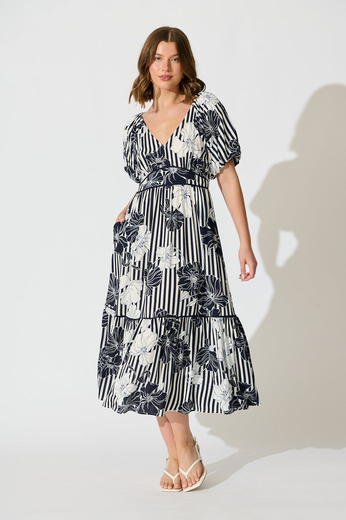 Sailaway Midi Dress in Navy Stripe Floral full length