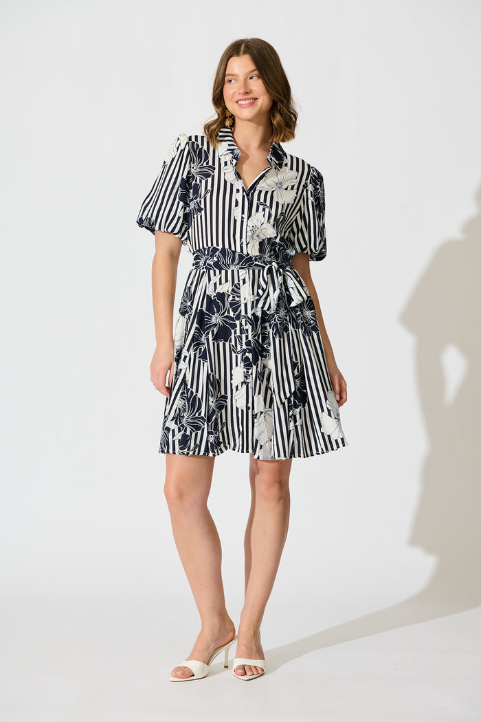 Coastal Charm Shirt Dress in Navy Stripe Floral full length